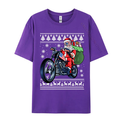 Santa Claus With Motorcycle Xmas Tree Ugly Christmas Sweater Sweatshirt Tshirt Funny Crew Neck Tshirt Pure Cotton