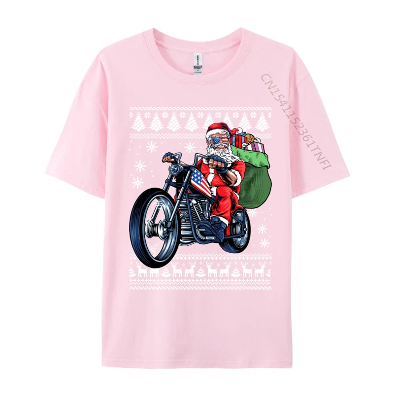 Santa Claus With Motorcycle Xmas Tree Ugly Christmas Sweater Sweatshirt Tshirt Funny Crew Neck Tshirt Pure Cotton