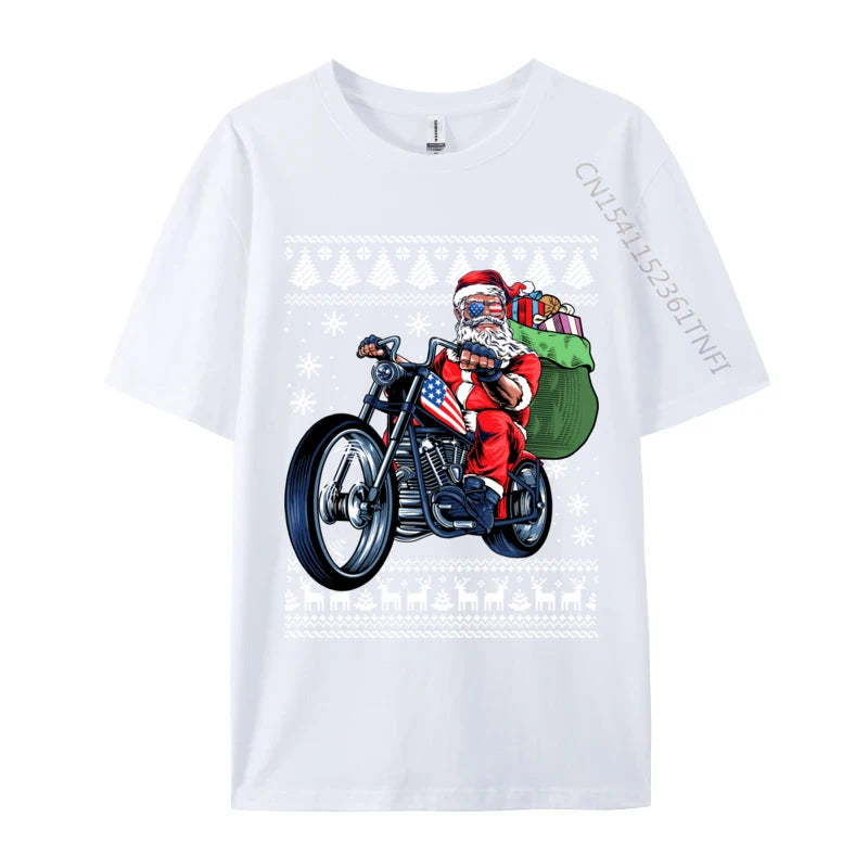 Santa Claus With Motorcycle Xmas Tree Ugly Christmas Sweater Sweatshirt Tshirt Funny Crew Neck Tshirt Pure Cotton