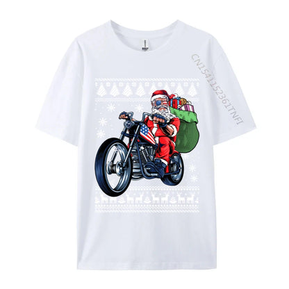 Santa Claus With Motorcycle Xmas Tree Ugly Christmas Sweater Sweatshirt Tshirt Funny Crew Neck Tshirt Pure Cotton