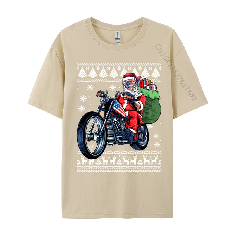 Santa Claus With Motorcycle Xmas Tree Ugly Christmas Sweater Sweatshirt Tshirt Funny Crew Neck Tshirt Pure Cotton