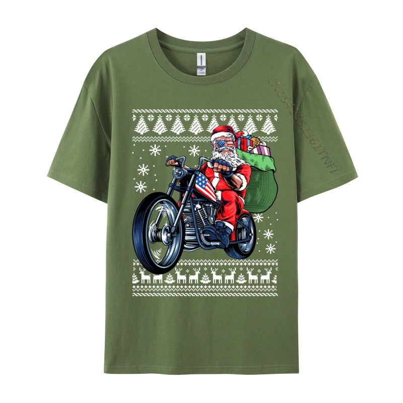 Santa Claus With Motorcycle Xmas Tree Ugly Christmas Sweater Sweatshirt Tshirt Funny Crew Neck Tshirt Pure Cotton