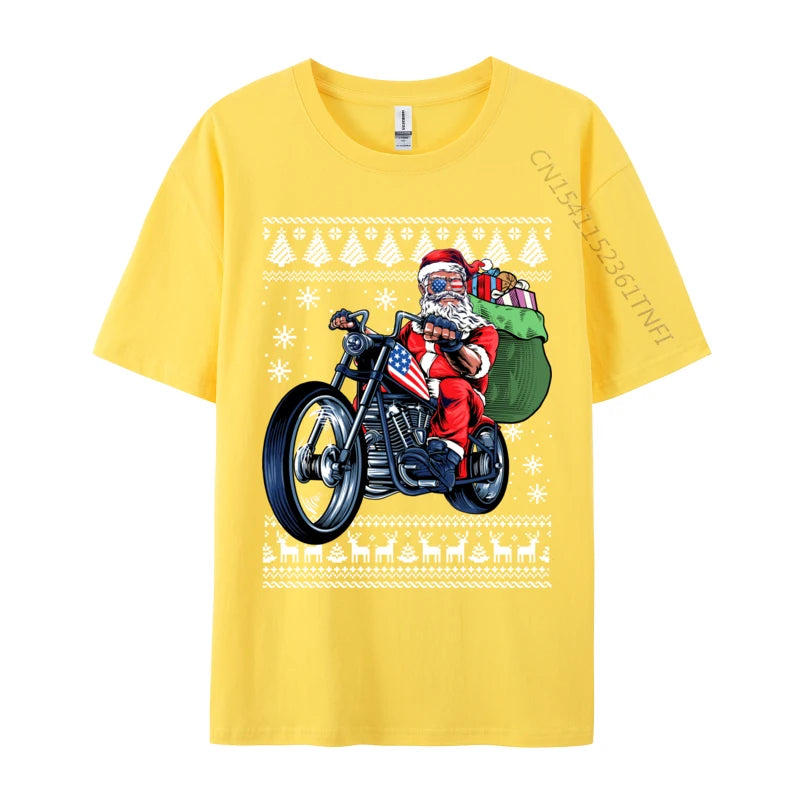 Santa Claus With Motorcycle Xmas Tree Ugly Christmas Sweater Sweatshirt Tshirt Funny Crew Neck Tshirt Pure Cotton